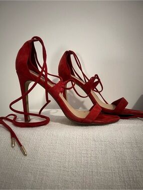 Red Suede Lace-Up Stiletto Sandals